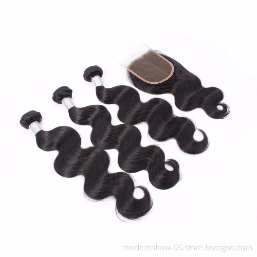 Modern Show Double Drawn Silk Straight Brazilian Human Hair Bundles With Lace Frontal Closure